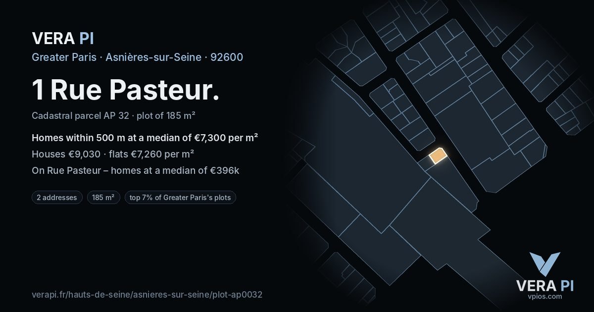 1 Rue Pasteur, Asnières-sur-Seine at night – the plot lit, the parcels around coloured by the prices near them