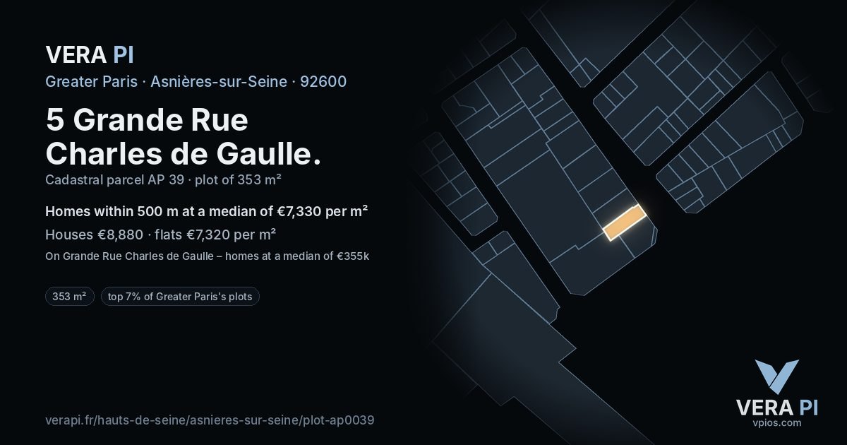 5 Grande Rue Charles de Gaulle, Asnières-sur-Seine at night – the plot lit, the parcels around coloured by the prices near them