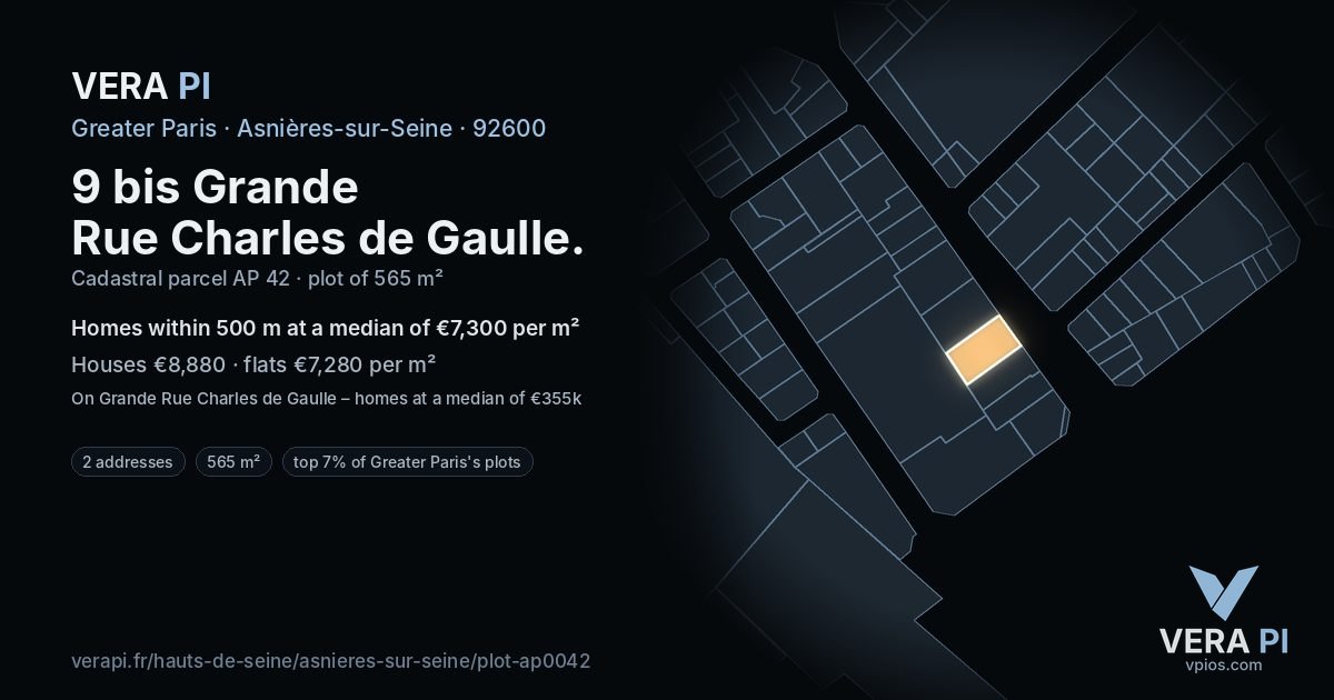 9 bis Grande Rue Charles de Gaulle, Asnières-sur-Seine at night – the plot lit, the parcels around coloured by the prices near them