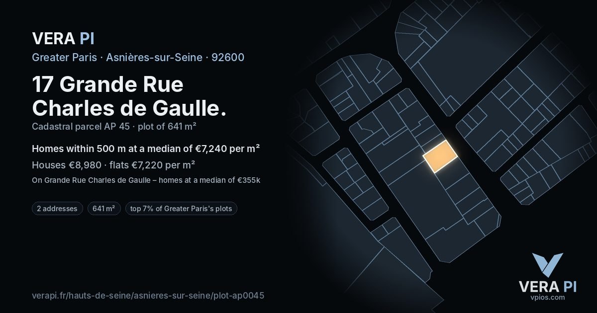 17 Grande Rue Charles de Gaulle, Asnières-sur-Seine at night – the plot lit, the parcels around coloured by the prices near them