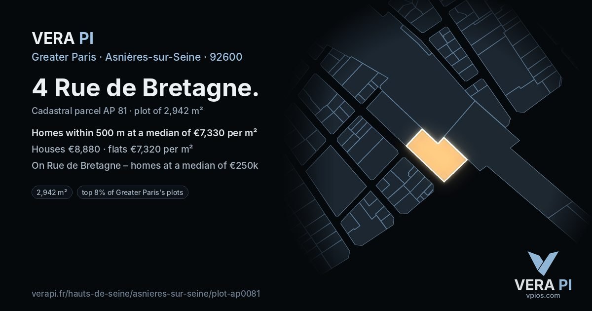 4 Rue de Bretagne, Asnières-sur-Seine at night – the plot lit, the parcels around coloured by the prices near them