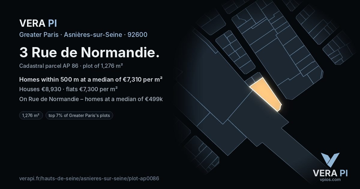 3 Rue de Normandie, Asnières-sur-Seine at night – the plot lit, the parcels around coloured by the prices near them