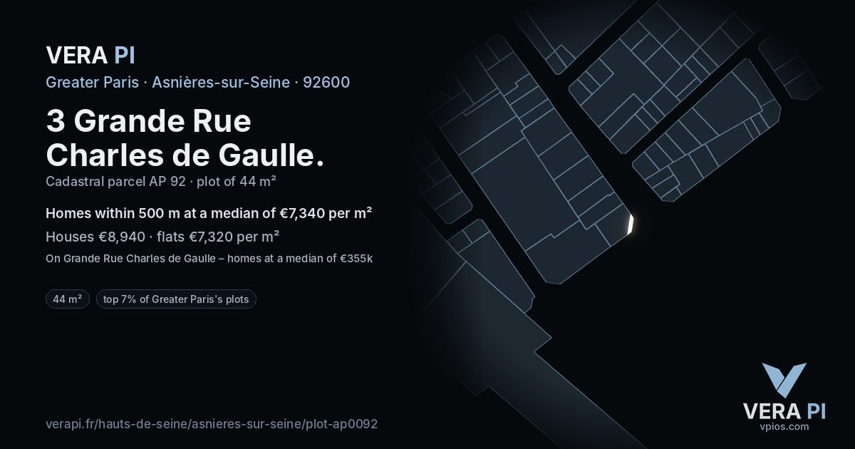 3 Grande Rue Charles de Gaulle, Asnières-sur-Seine at night – the plot lit, the parcels around coloured by the prices near them