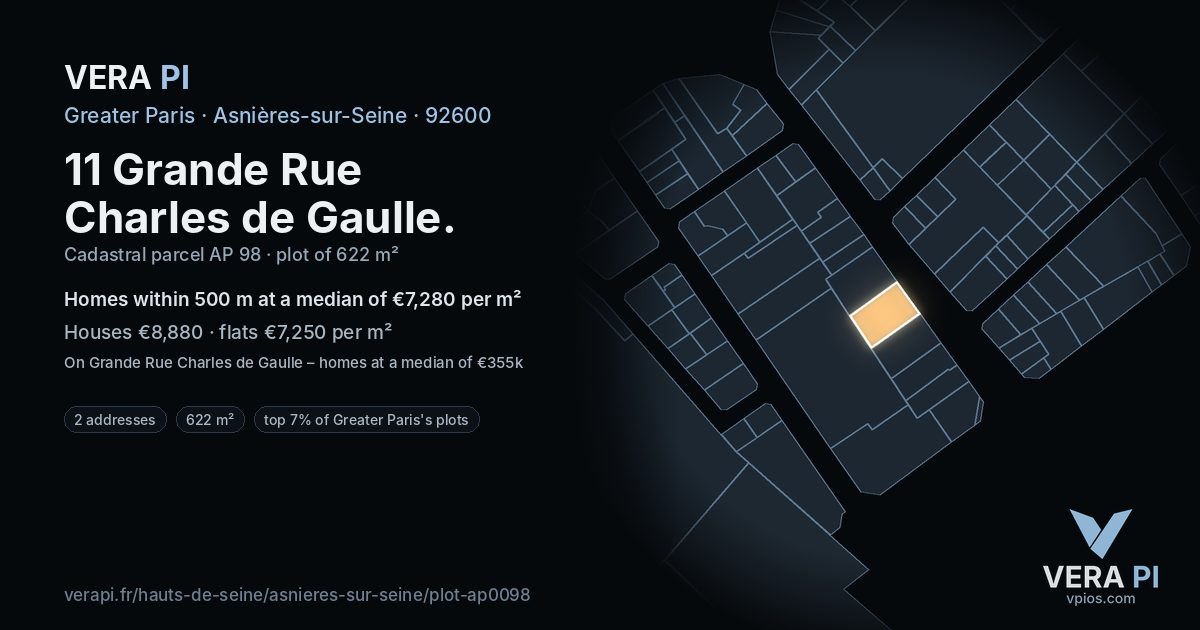 11 Grande Rue Charles de Gaulle, Asnières-sur-Seine at night – the plot lit, the parcels around coloured by the prices near them