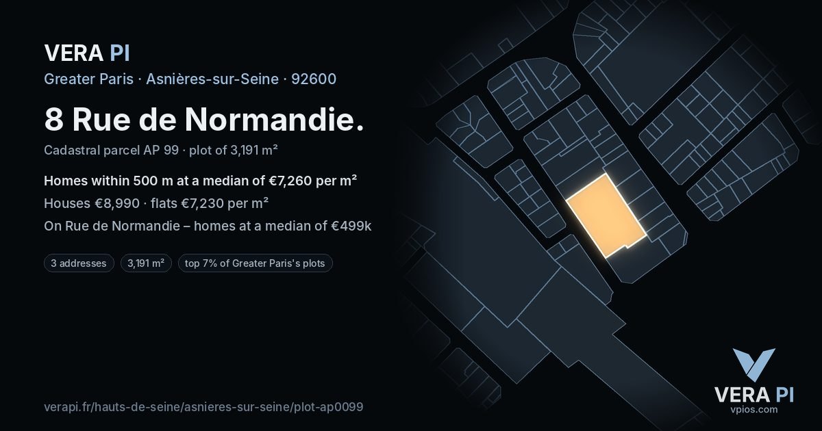 8 Rue de Normandie, Asnières-sur-Seine at night – the plot lit, the parcels around coloured by the prices near them