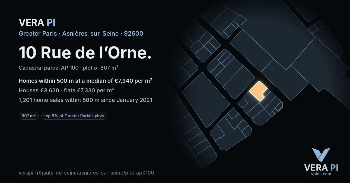 10 Rue de l’Orne, Asnières-sur-Seine at night – the plot lit, the parcels around coloured by the prices near them
