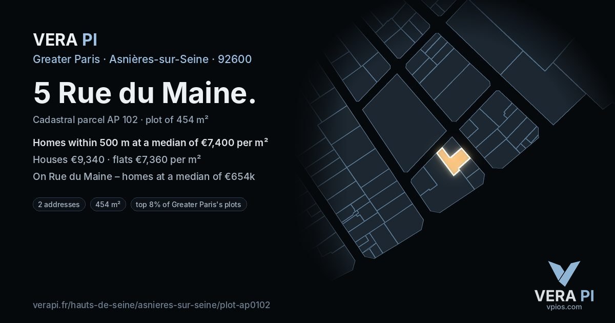 5 Rue du Maine, Asnières-sur-Seine at night – the plot lit, the parcels around coloured by the prices near them