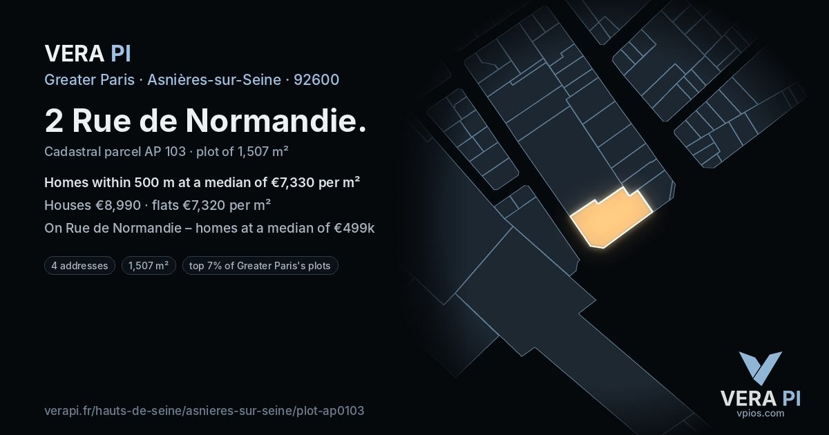 2 Rue de Normandie, Asnières-sur-Seine at night – the plot lit, the parcels around coloured by the prices near them