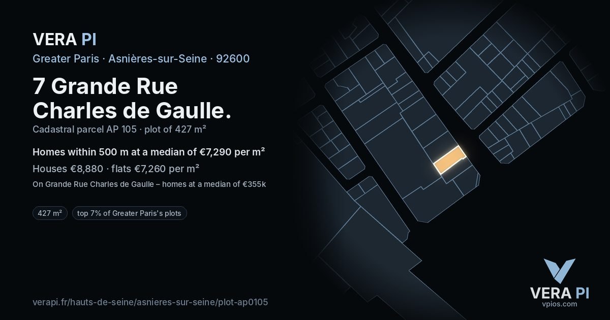 7 Grande Rue Charles de Gaulle, Asnières-sur-Seine at night – the plot lit, the parcels around coloured by the prices near them
