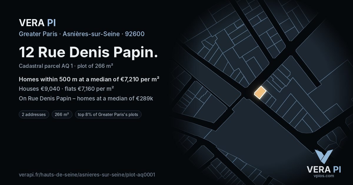 12 Rue Denis Papin, Asnières-sur-Seine at night – the plot lit, the parcels around coloured by the prices near them