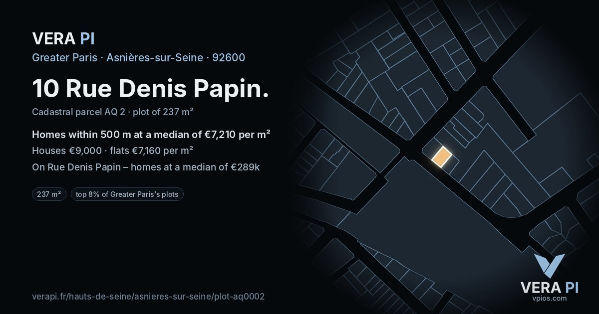10 Rue Denis Papin, Asnières-sur-Seine at night – the plot lit, the parcels around coloured by the prices near them