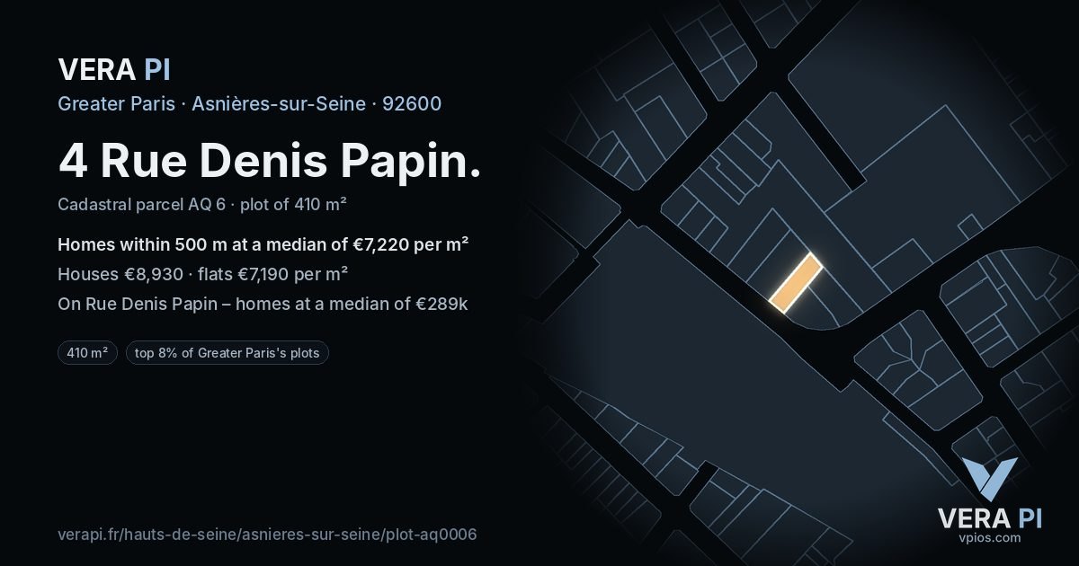 4 Rue Denis Papin, Asnières-sur-Seine at night – the plot lit, the parcels around coloured by the prices near them