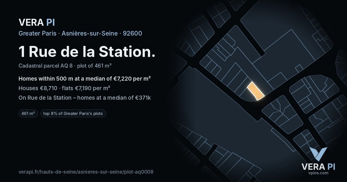 1 Rue de la Station, Asnières-sur-Seine at night – the plot lit, the parcels around coloured by the prices near them