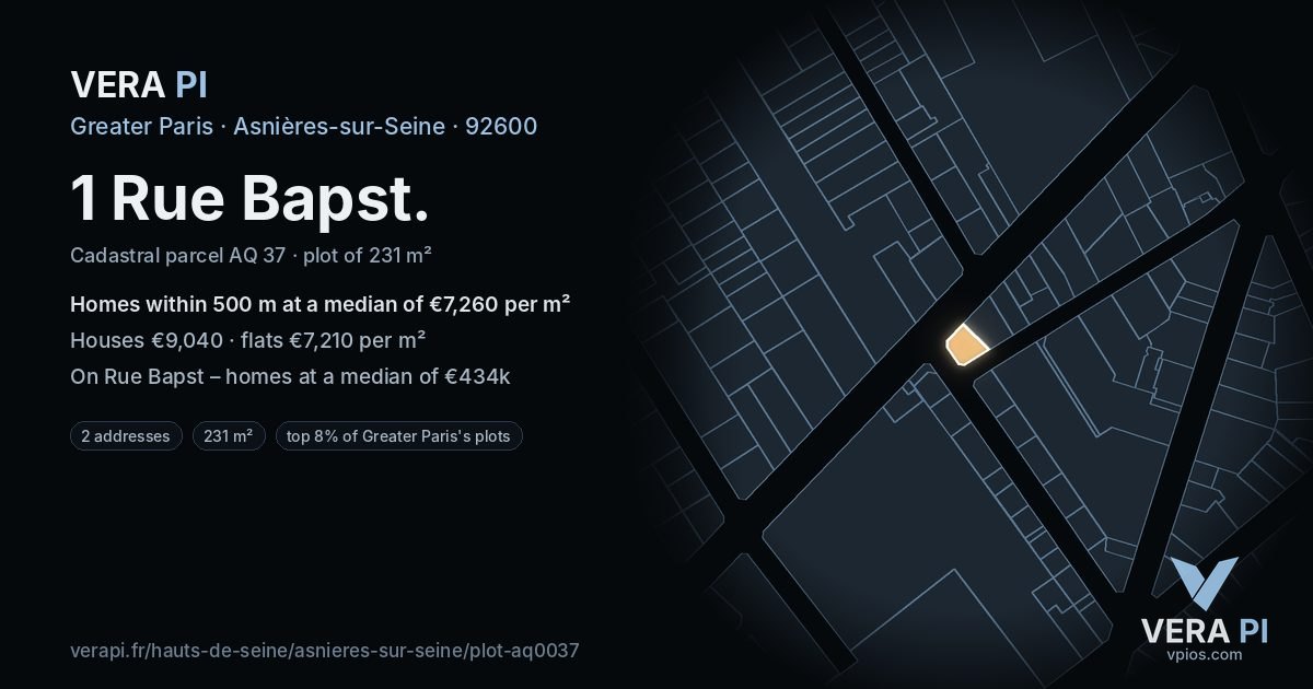 1 Rue Bapst, Asnières-sur-Seine at night – the plot lit, the parcels around coloured by the prices near them