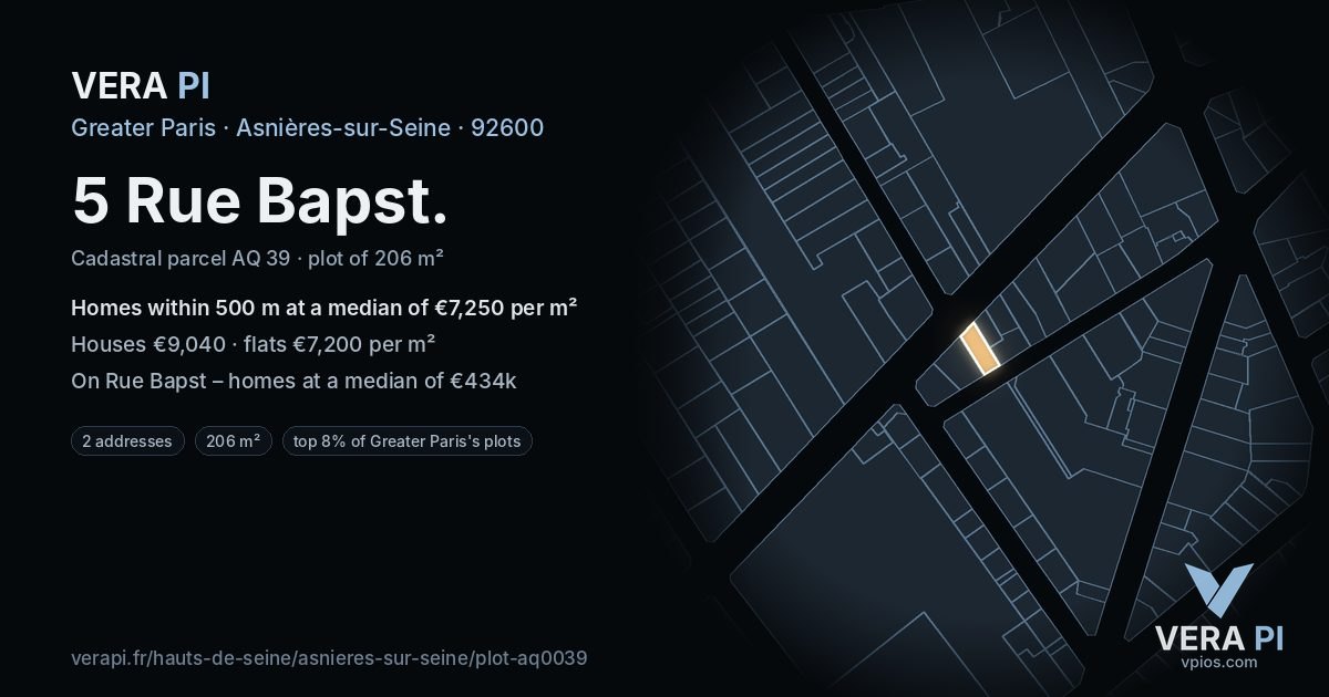 5 Rue Bapst, Asnières-sur-Seine at night – the plot lit, the parcels around coloured by the prices near them