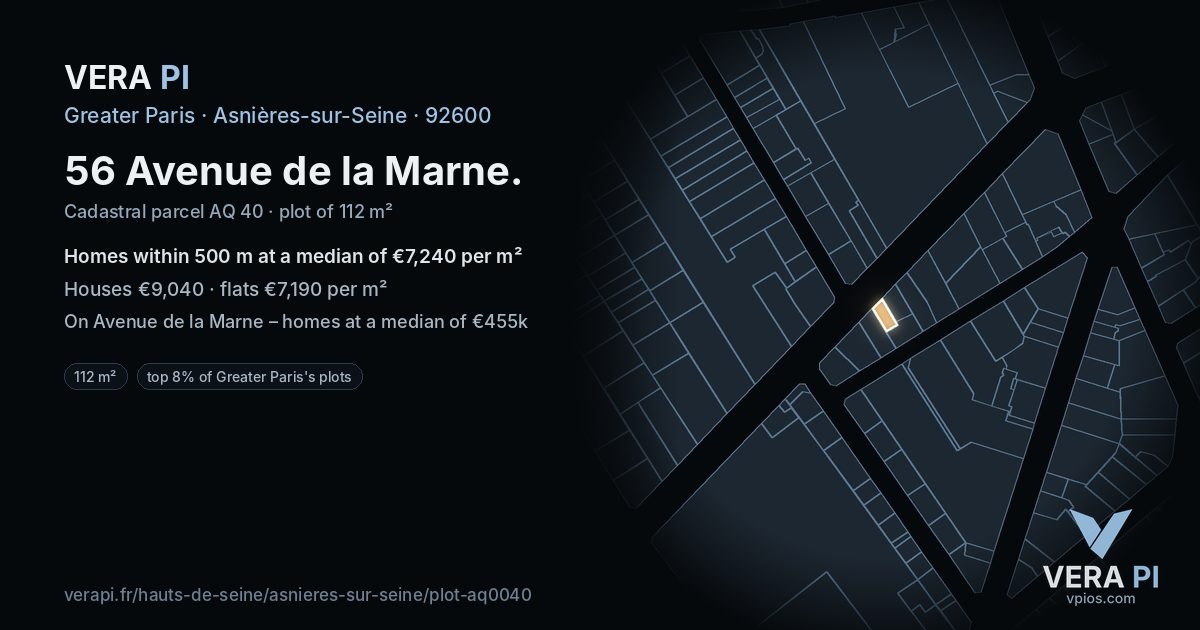 56 Avenue de la Marne, Asnières-sur-Seine at night – the plot lit, the parcels around coloured by the prices near them