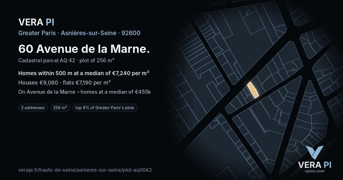60 Avenue de la Marne, Asnières-sur-Seine at night – the plot lit, the parcels around coloured by the prices near them