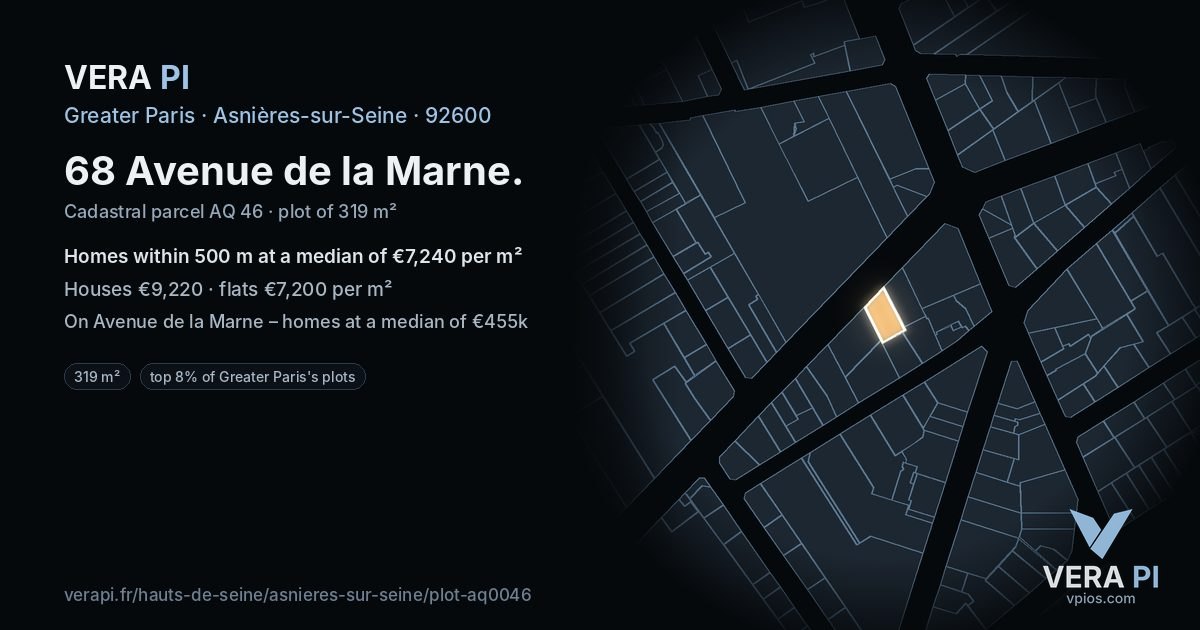 68 Avenue de la Marne, Asnières-sur-Seine at night – the plot lit, the parcels around coloured by the prices near them