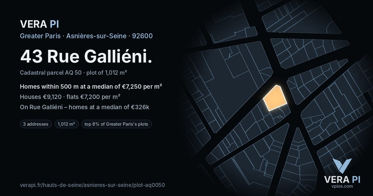 43 Rue Galliéni, Asnières-sur-Seine at night – the plot lit, the parcels around coloured by the prices near them