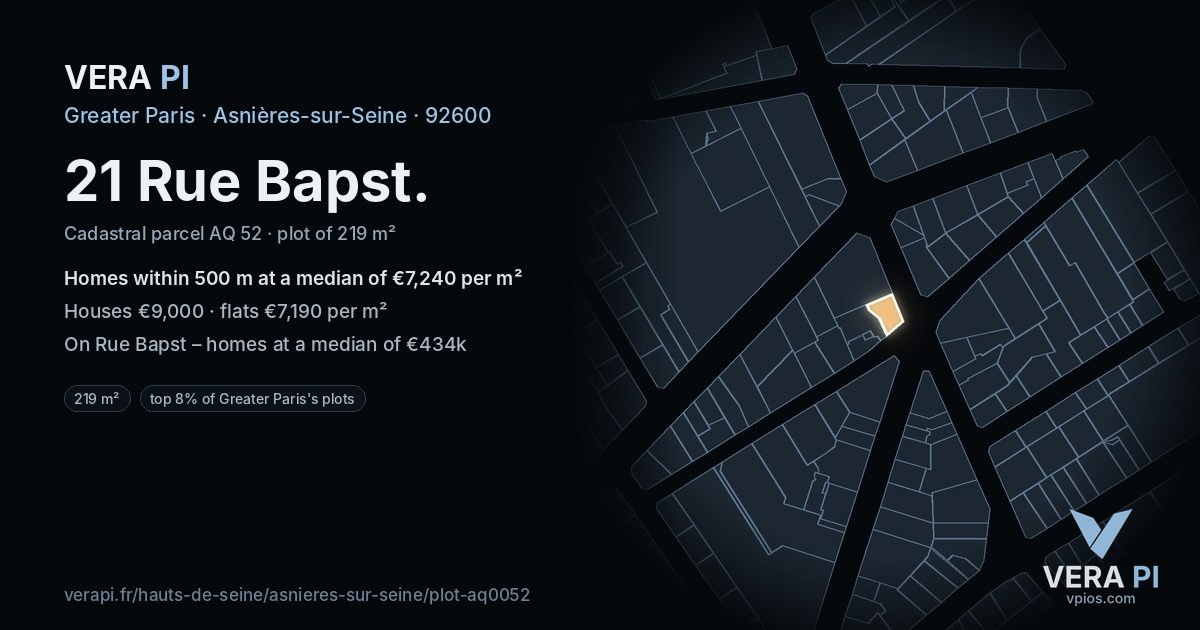 21 Rue Bapst, Asnières-sur-Seine at night – the plot lit, the parcels around coloured by the prices near them