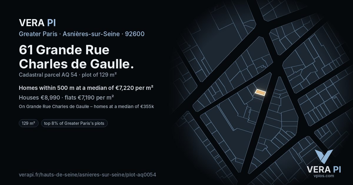 61 Grande Rue Charles de Gaulle, Asnières-sur-Seine at night – the plot lit, the parcels around coloured by the prices near them