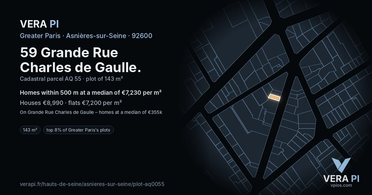 59 Grande Rue Charles de Gaulle, Asnières-sur-Seine at night – the plot lit, the parcels around coloured by the prices near them