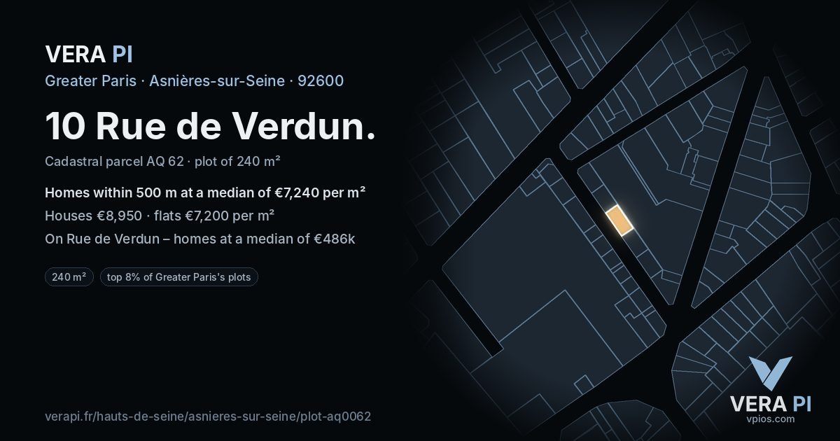 10 Rue de Verdun, Asnières-sur-Seine at night – the plot lit, the parcels around coloured by the prices near them