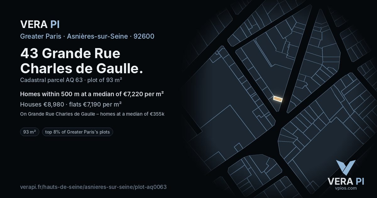 43 Grande Rue Charles de Gaulle, Asnières-sur-Seine at night – the plot lit, the parcels around coloured by the prices near them