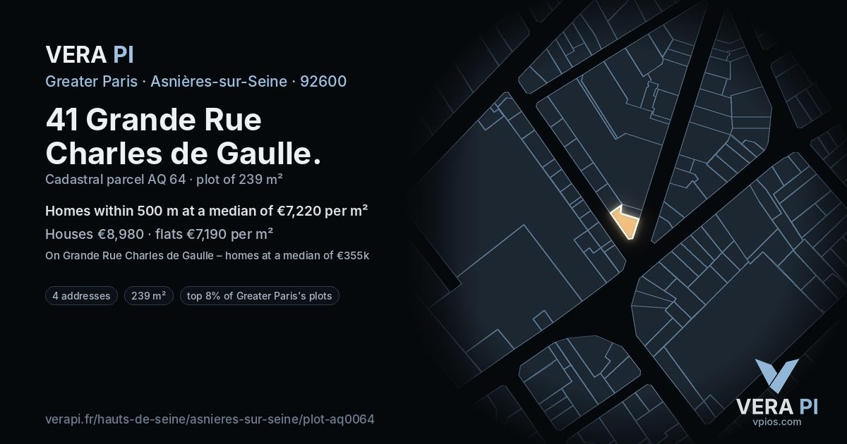 41 Grande Rue Charles de Gaulle, Asnières-sur-Seine at night – the plot lit, the parcels around coloured by the prices near them
