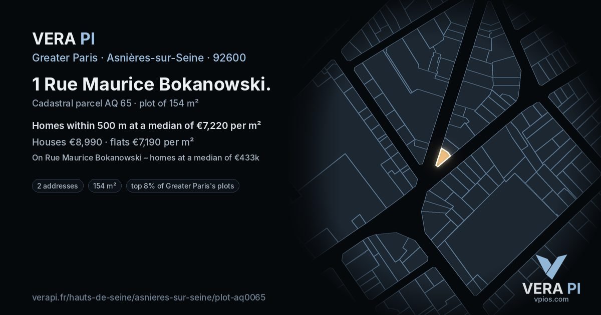 1 Rue Maurice Bokanowski, Asnières-sur-Seine at night – the plot lit, the parcels around coloured by the prices near them