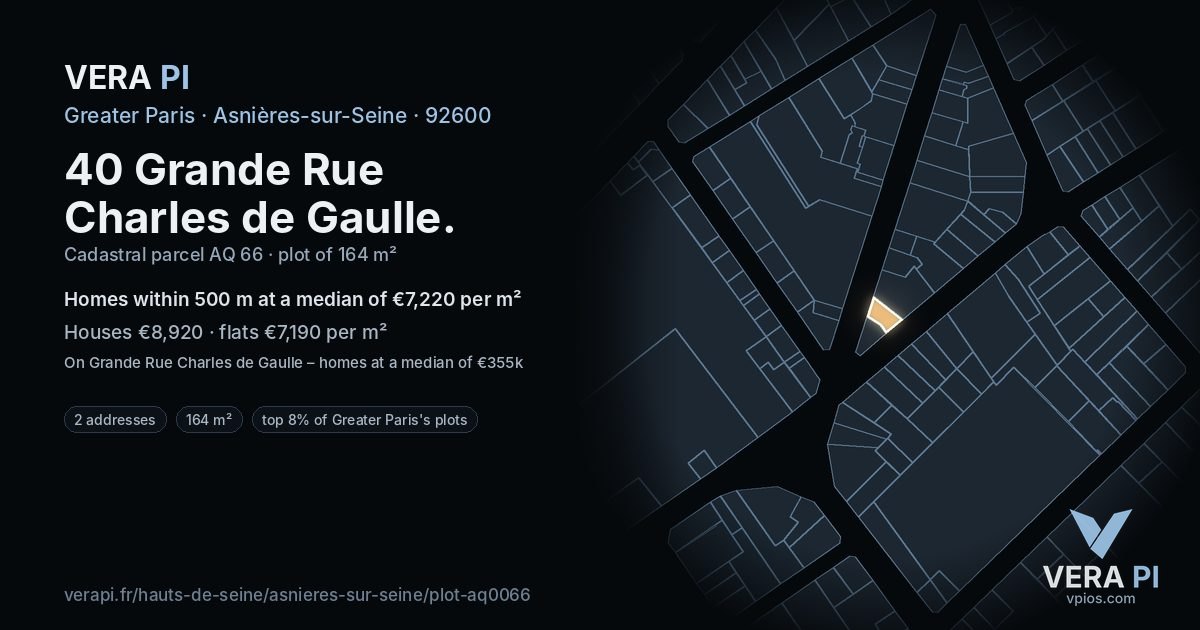 40 Grande Rue Charles de Gaulle, Asnières-sur-Seine at night – the plot lit, the parcels around coloured by the prices near them