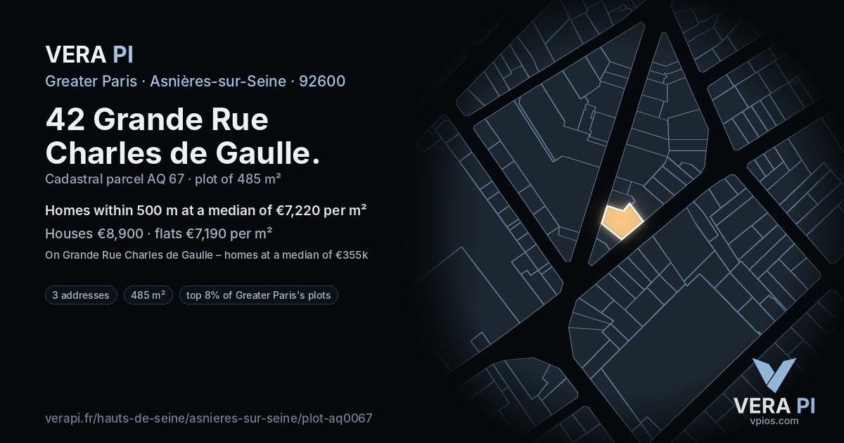 42 Grande Rue Charles de Gaulle, Asnières-sur-Seine at night – the plot lit, the parcels around coloured by the prices near them