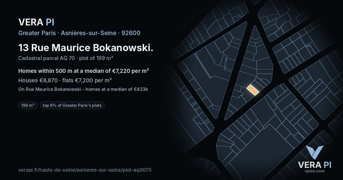 13 Rue Maurice Bokanowski, Asnières-sur-Seine at night – the plot lit, the parcels around coloured by the prices near them
