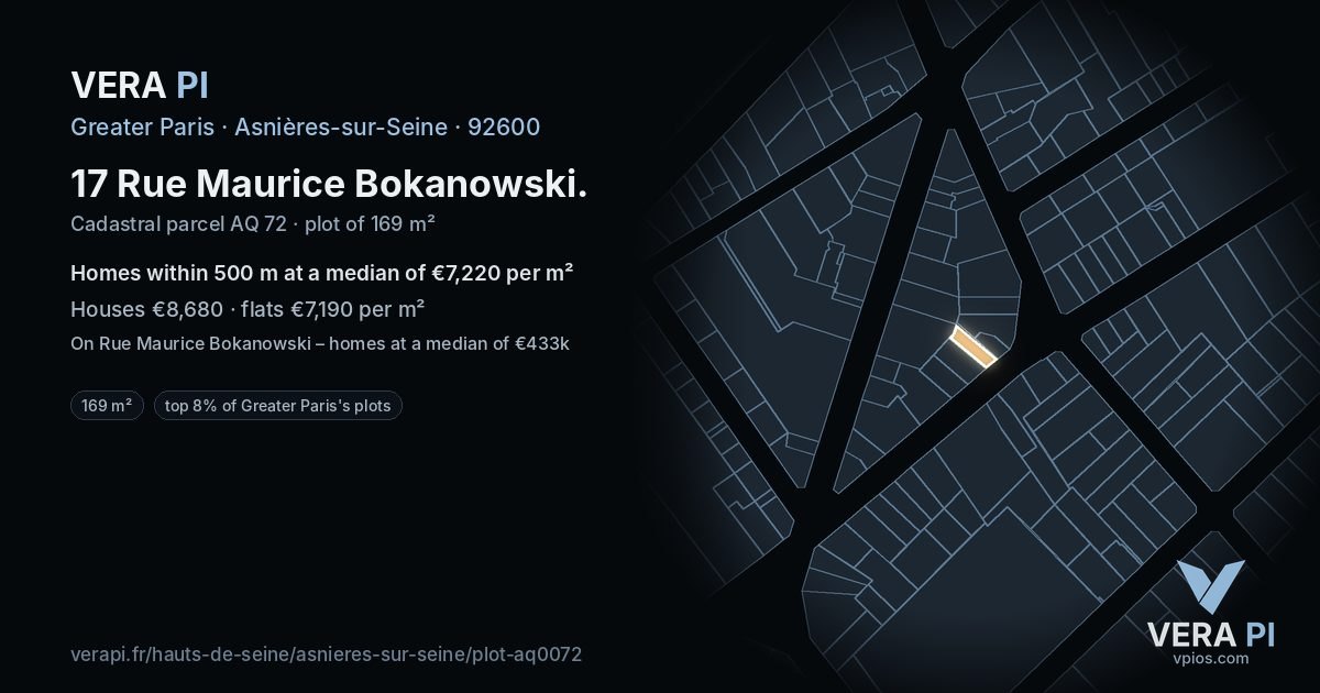 17 Rue Maurice Bokanowski, Asnières-sur-Seine at night – the plot lit, the parcels around coloured by the prices near them