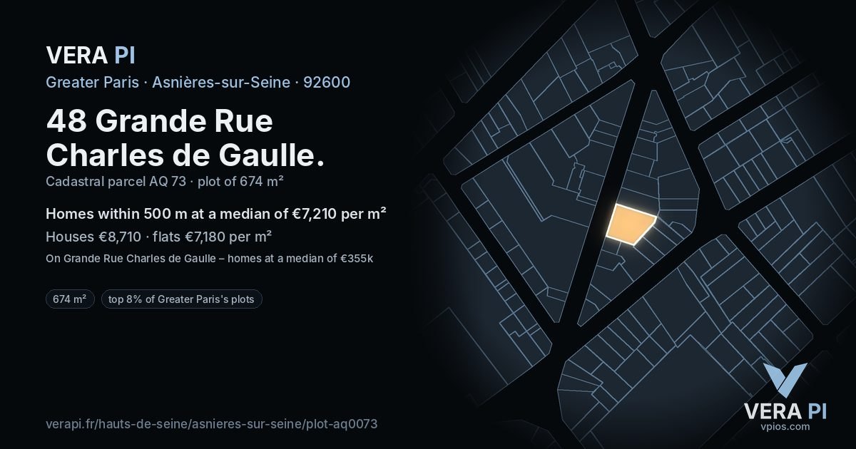 48 Grande Rue Charles de Gaulle, Asnières-sur-Seine at night – the plot lit, the parcels around coloured by the prices near them