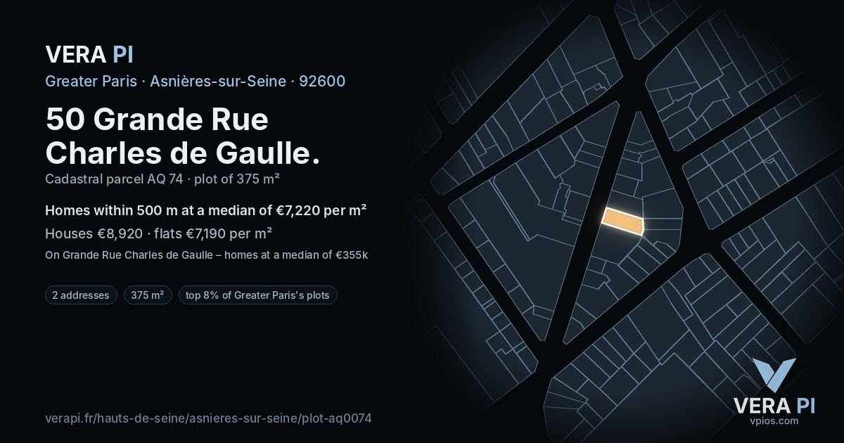 50 Grande Rue Charles de Gaulle, Asnières-sur-Seine at night – the plot lit, the parcels around coloured by the prices near them