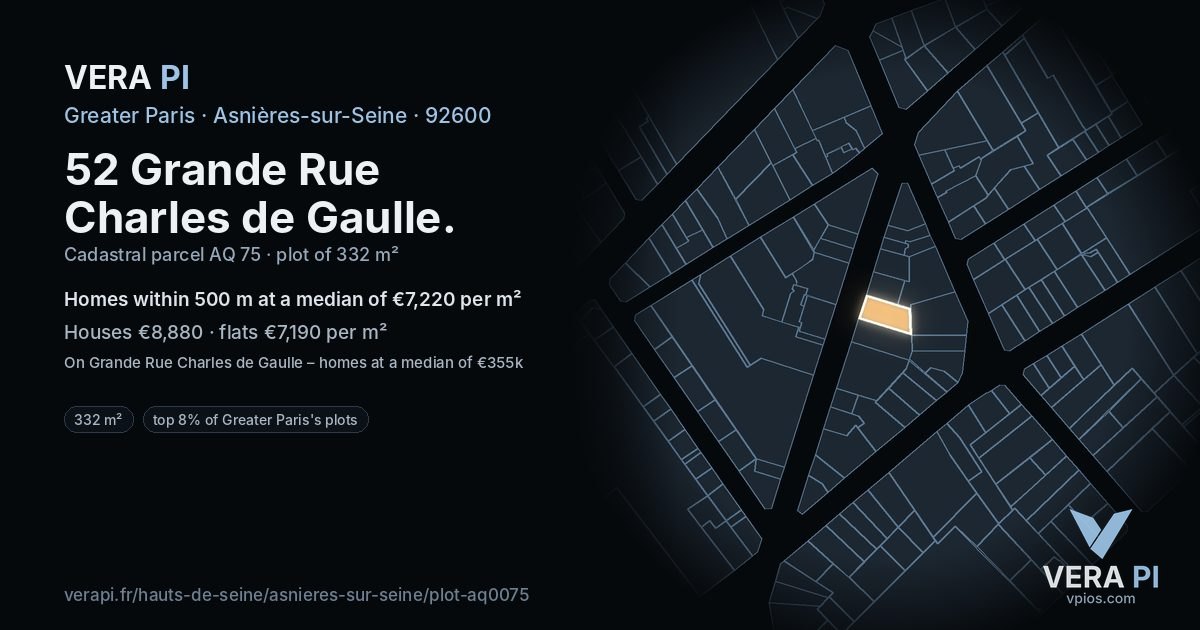 52 Grande Rue Charles de Gaulle, Asnières-sur-Seine at night – the plot lit, the parcels around coloured by the prices near them