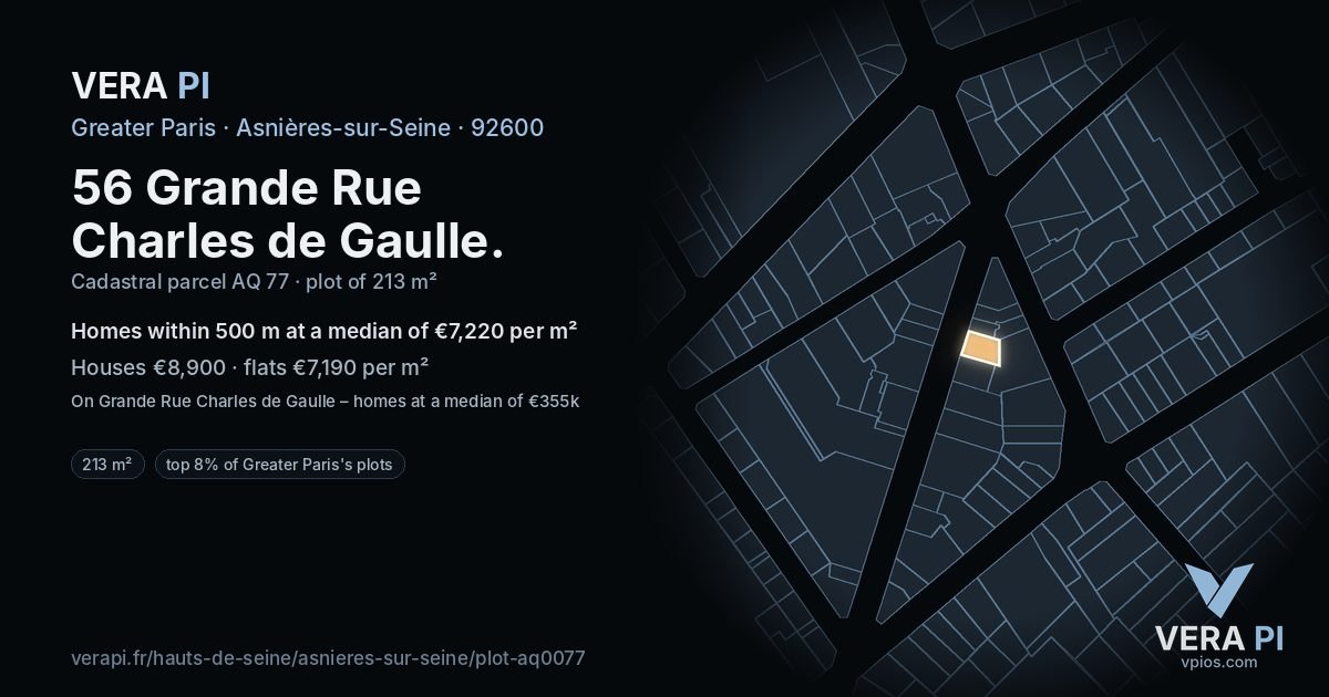 56 Grande Rue Charles de Gaulle, Asnières-sur-Seine at night – the plot lit, the parcels around coloured by the prices near them