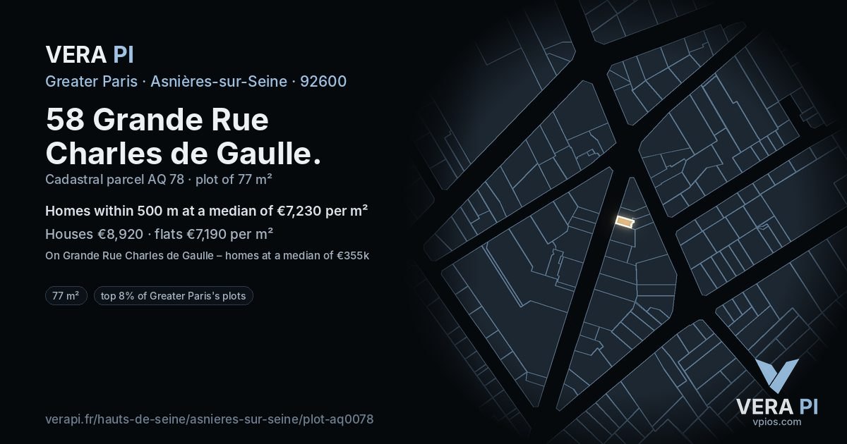 58 Grande Rue Charles de Gaulle, Asnières-sur-Seine at night – the plot lit, the parcels around coloured by the prices near them