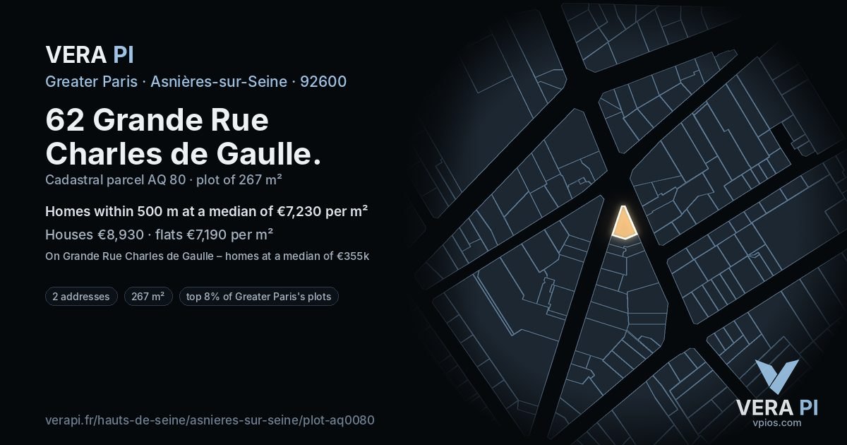 62 Grande Rue Charles de Gaulle, Asnières-sur-Seine at night – the plot lit, the parcels around coloured by the prices near them