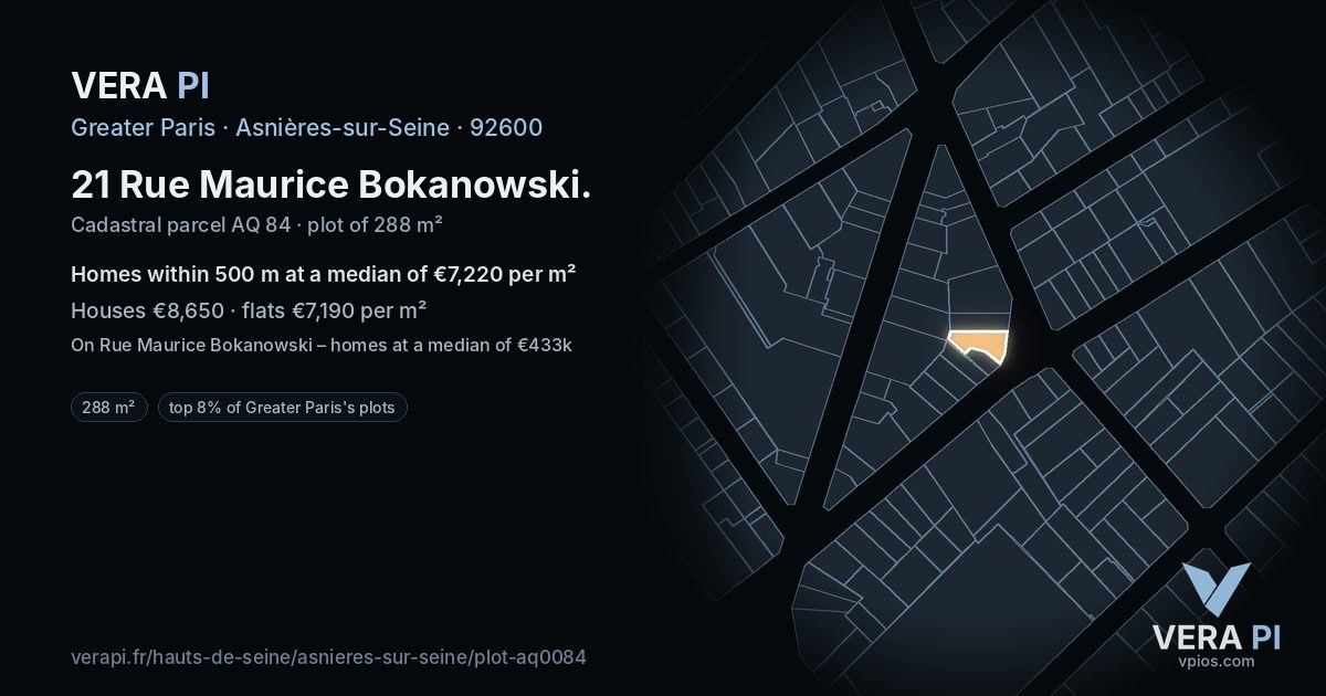 21 Rue Maurice Bokanowski, Asnières-sur-Seine at night – the plot lit, the parcels around coloured by the prices near them