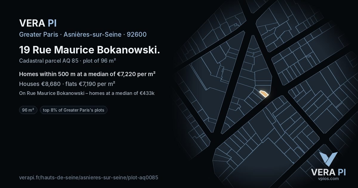 19 Rue Maurice Bokanowski, Asnières-sur-Seine at night – the plot lit, the parcels around coloured by the prices near them