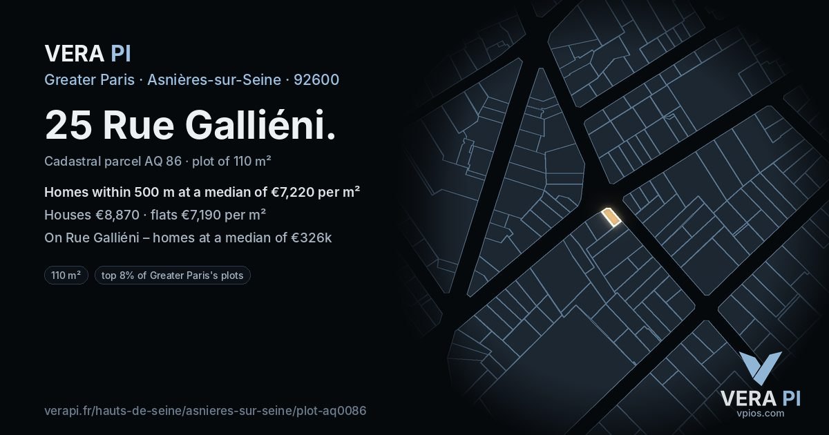 25 Rue Galliéni, Asnières-sur-Seine at night – the plot lit, the parcels around coloured by the prices near them