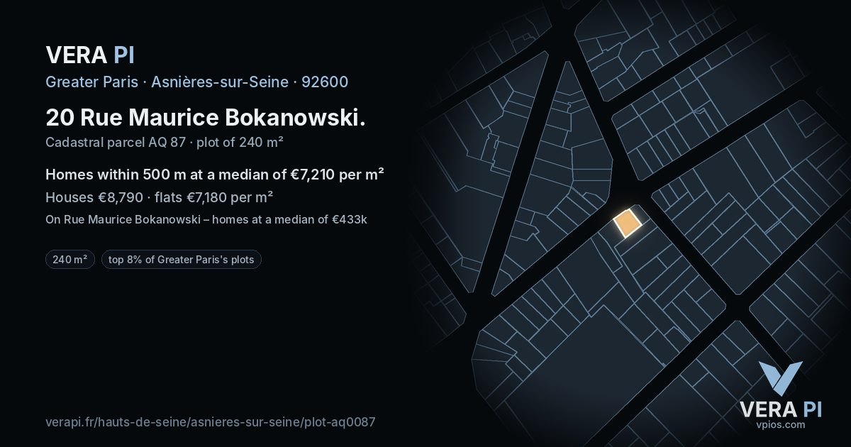20 Rue Maurice Bokanowski, Asnières-sur-Seine at night – the plot lit, the parcels around coloured by the prices near them