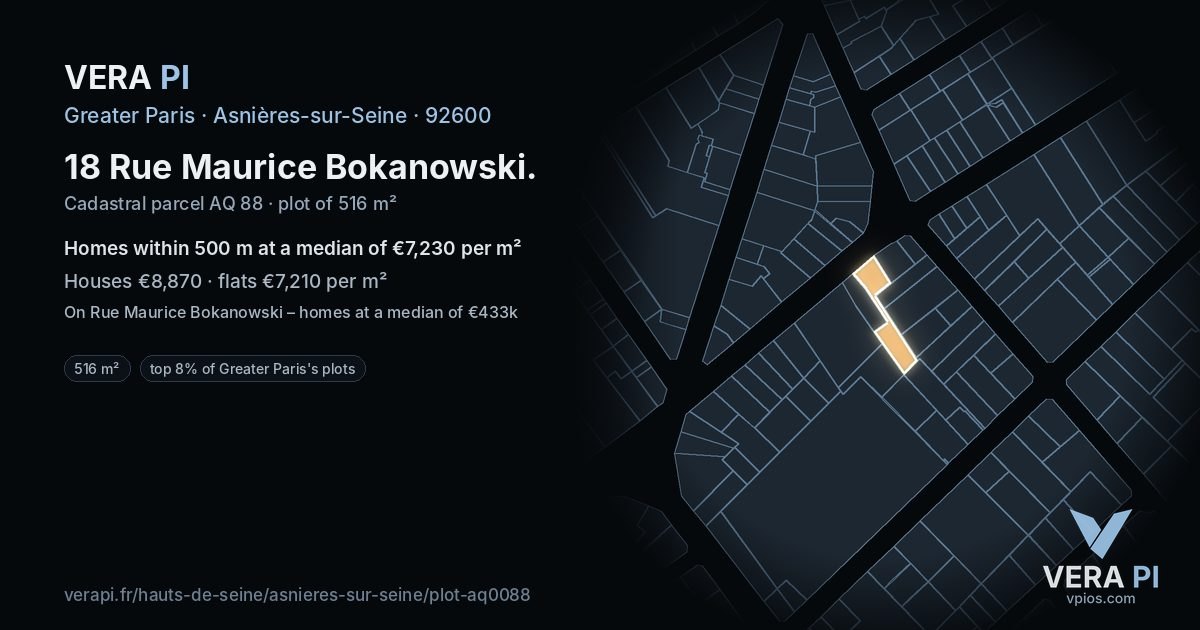 18 Rue Maurice Bokanowski, Asnières-sur-Seine at night – the plot lit, the parcels around coloured by the prices near them
