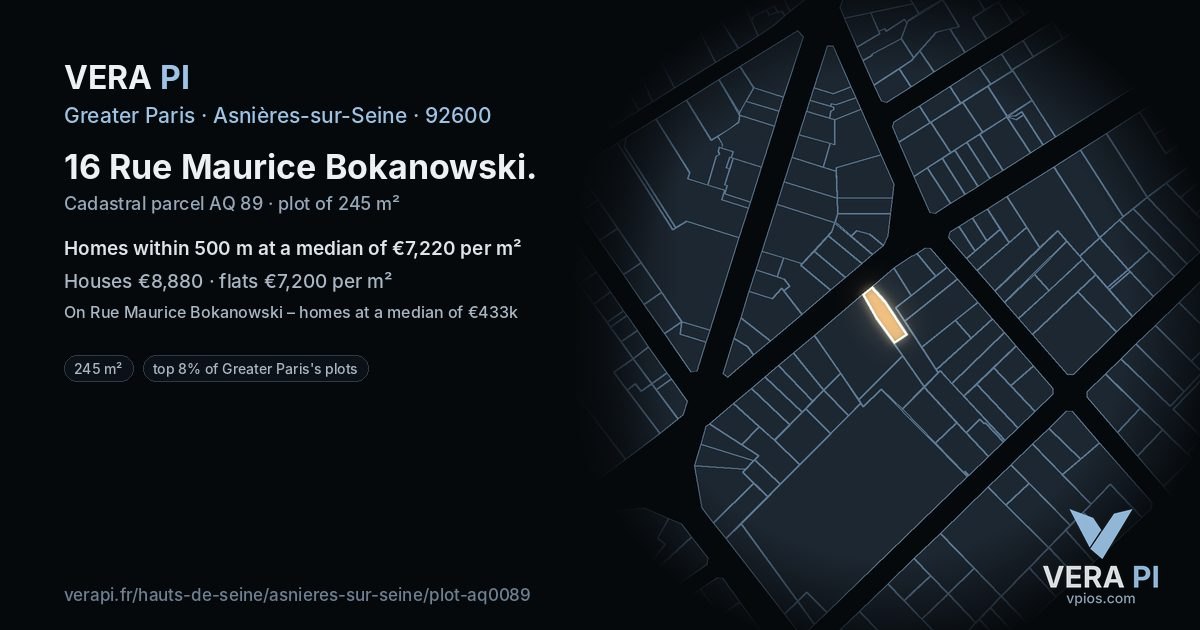 16 Rue Maurice Bokanowski, Asnières-sur-Seine at night – the plot lit, the parcels around coloured by the prices near them