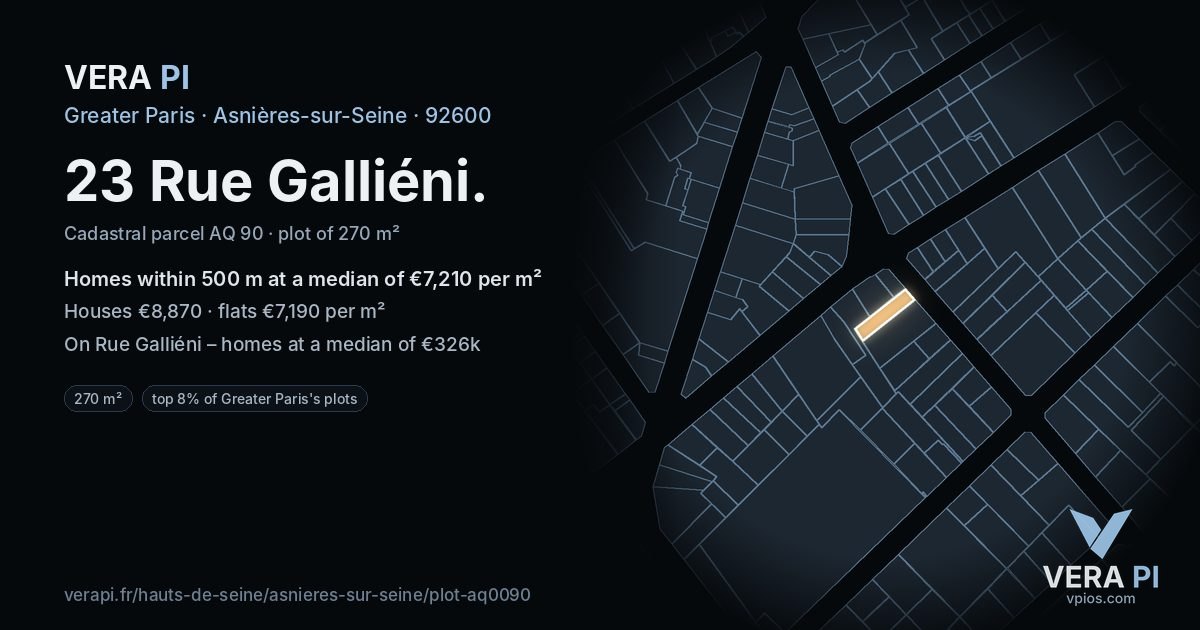 23 Rue Galliéni, Asnières-sur-Seine at night – the plot lit, the parcels around coloured by the prices near them