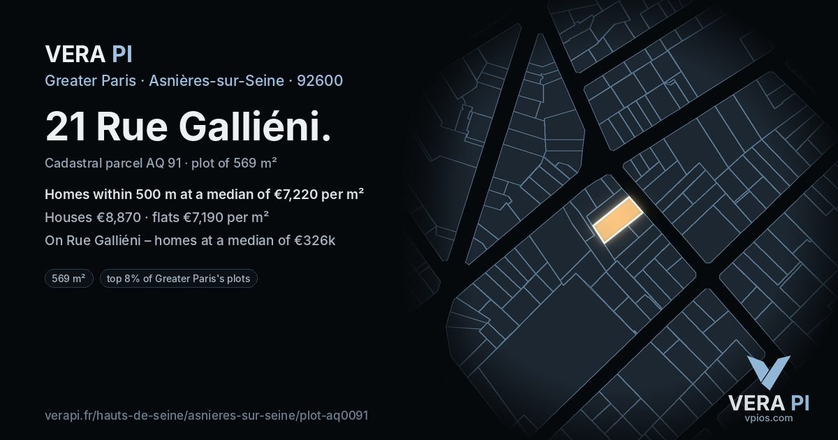 21 Rue Galliéni, Asnières-sur-Seine at night – the plot lit, the parcels around coloured by the prices near them