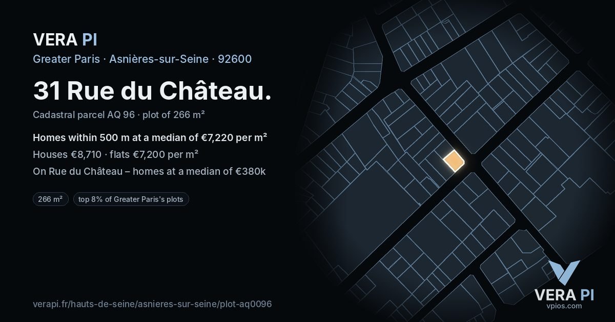 31 Rue du Château, Asnières-sur-Seine at night – the plot lit, the parcels around coloured by the prices near them