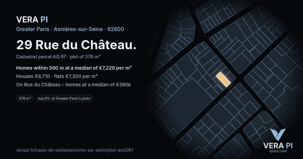 29 Rue du Château, Asnières-sur-Seine at night – the plot lit, the parcels around coloured by the prices near them